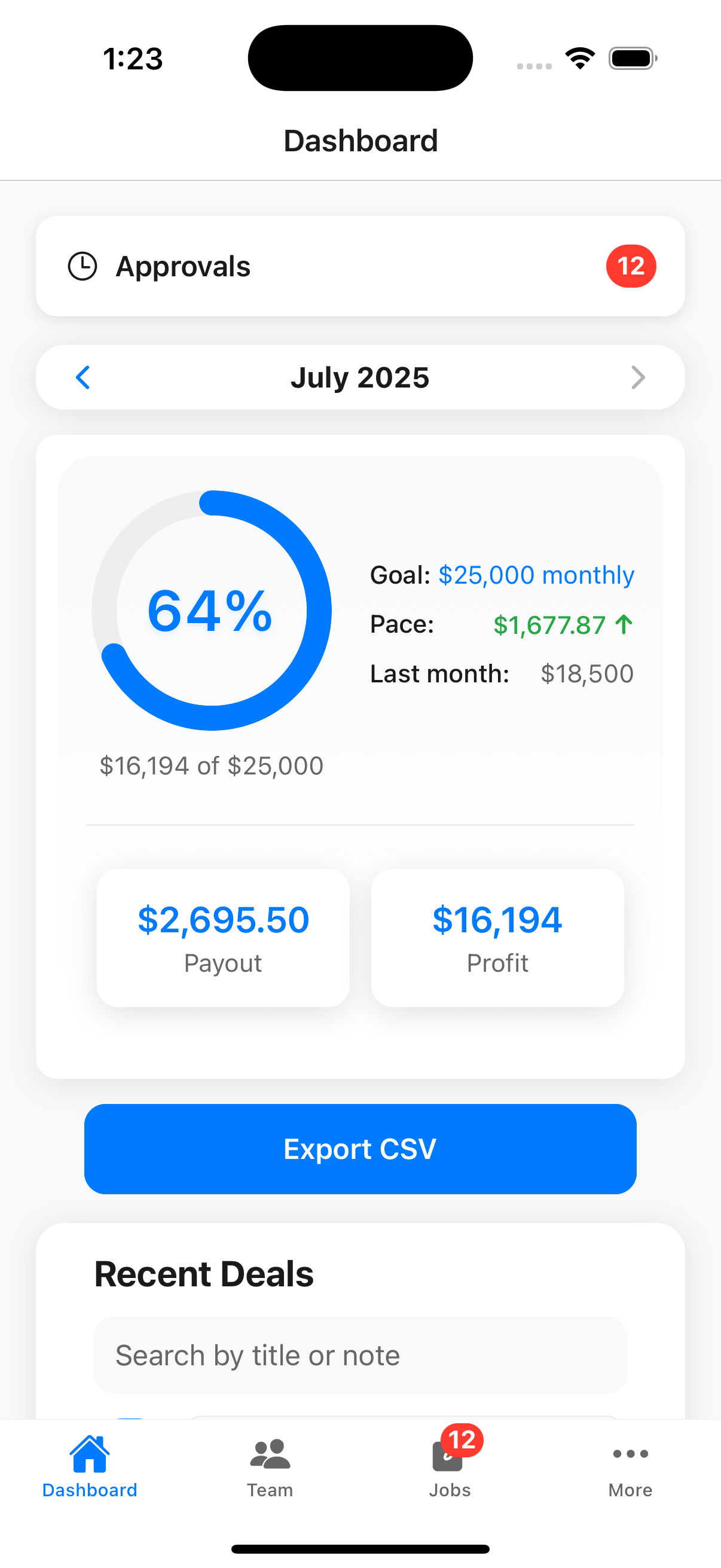 TeamBuyIn dashboard interface showing commission tracking and team performance metrics