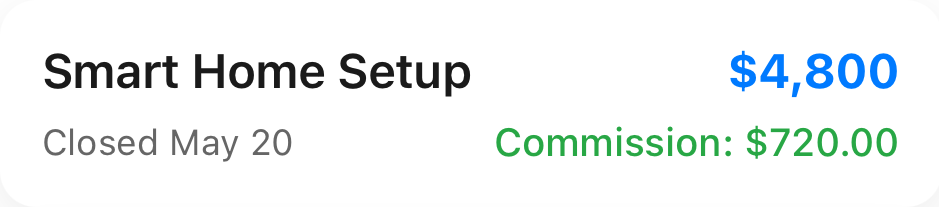 Recent deals card showing completed job with commission details