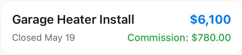 Recent deals card showing HVAC service job with earnings breakdown