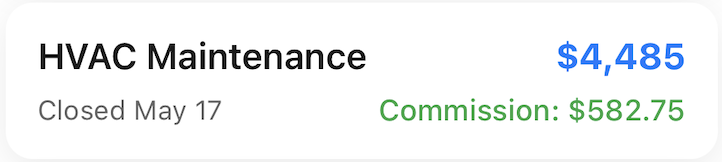 Recent deals card showing plumbing service job with commission payout