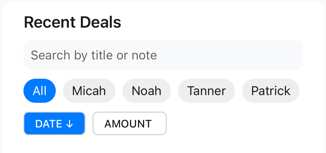 Recent deals filter interface showing job filtering options