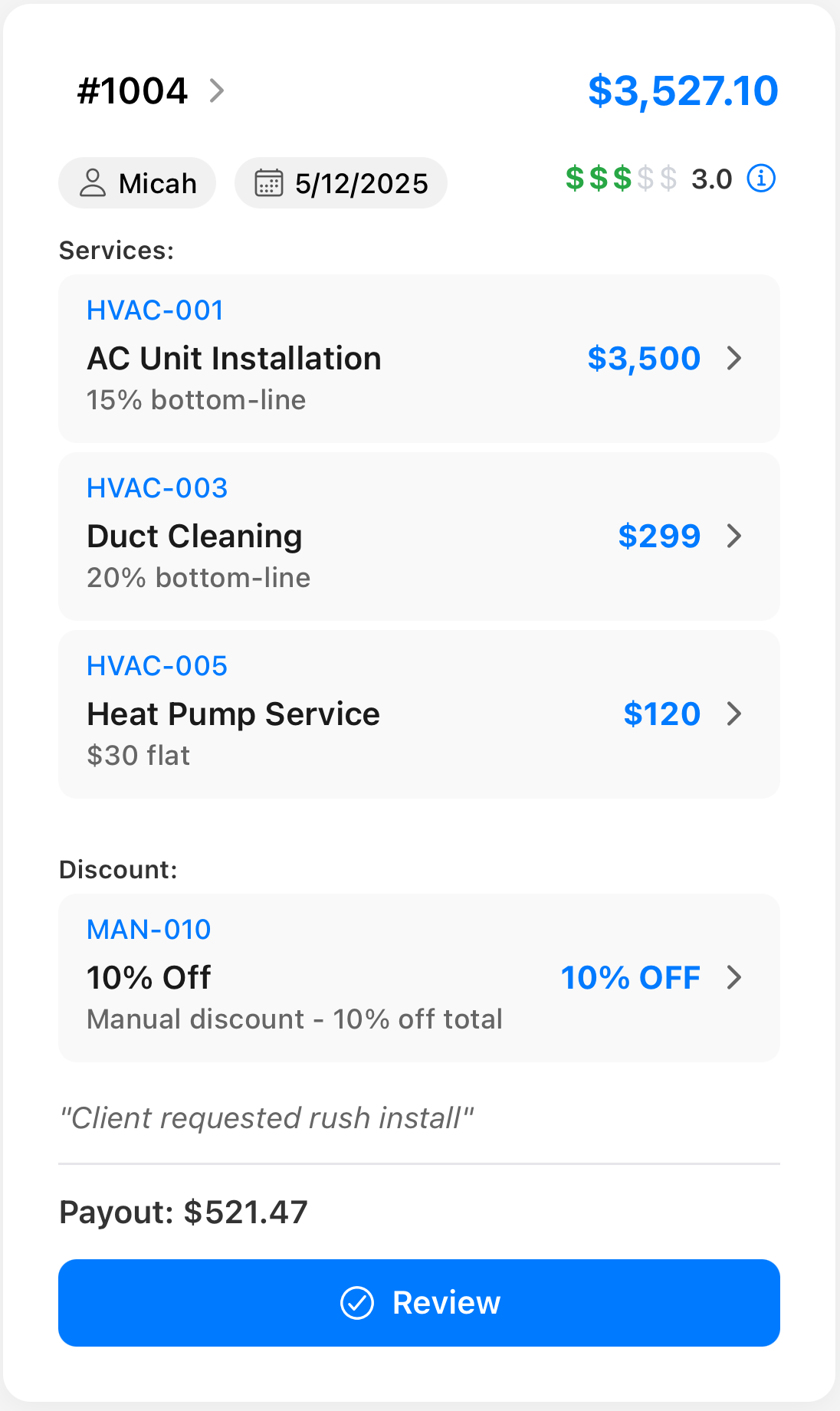 TeamBuyIn job card management system displaying service call details, technician assignments, and real-time job tracking