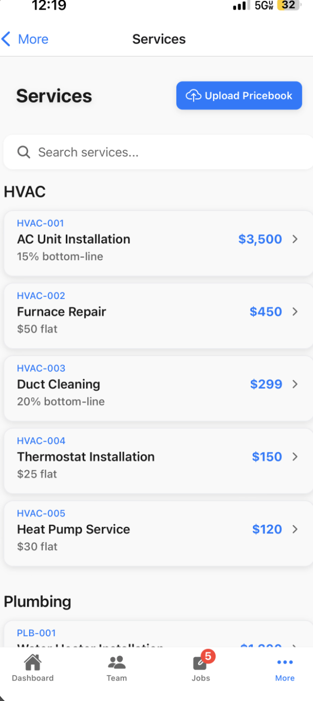 TeamBuyIn flat rate payout management interface showing commission structures and payout rules for HVAC and field service teams